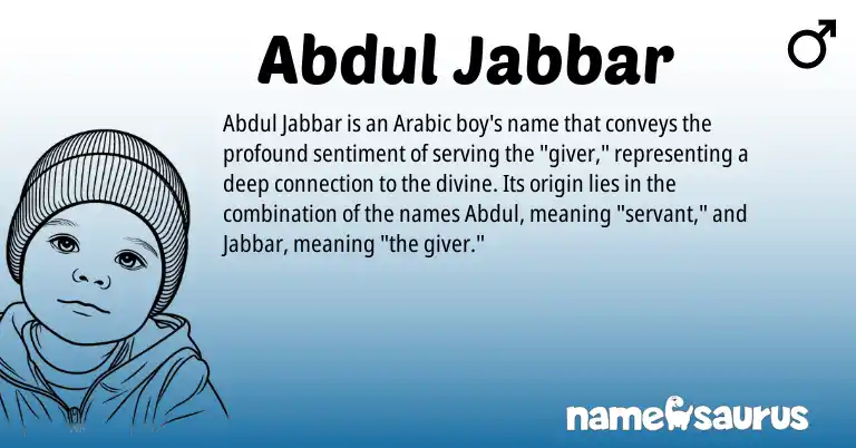 Infographic about Abdul Jabbar name meaning, Abdul Jabbar is a name from Arabic origin(s).